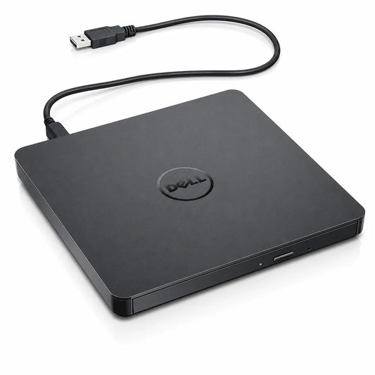 Dell DW316 external USB DVD±RW writer featuring a slim black design and built in USB cable viewed from the left angle.