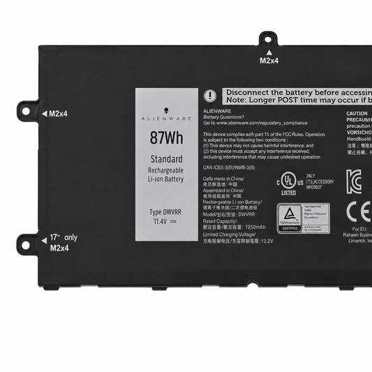 Close-up of Dell DWVRR 87Wh 11.4V rechargeable Li-ion laptop battery specification label for Alienware and Inspiron compatibility.