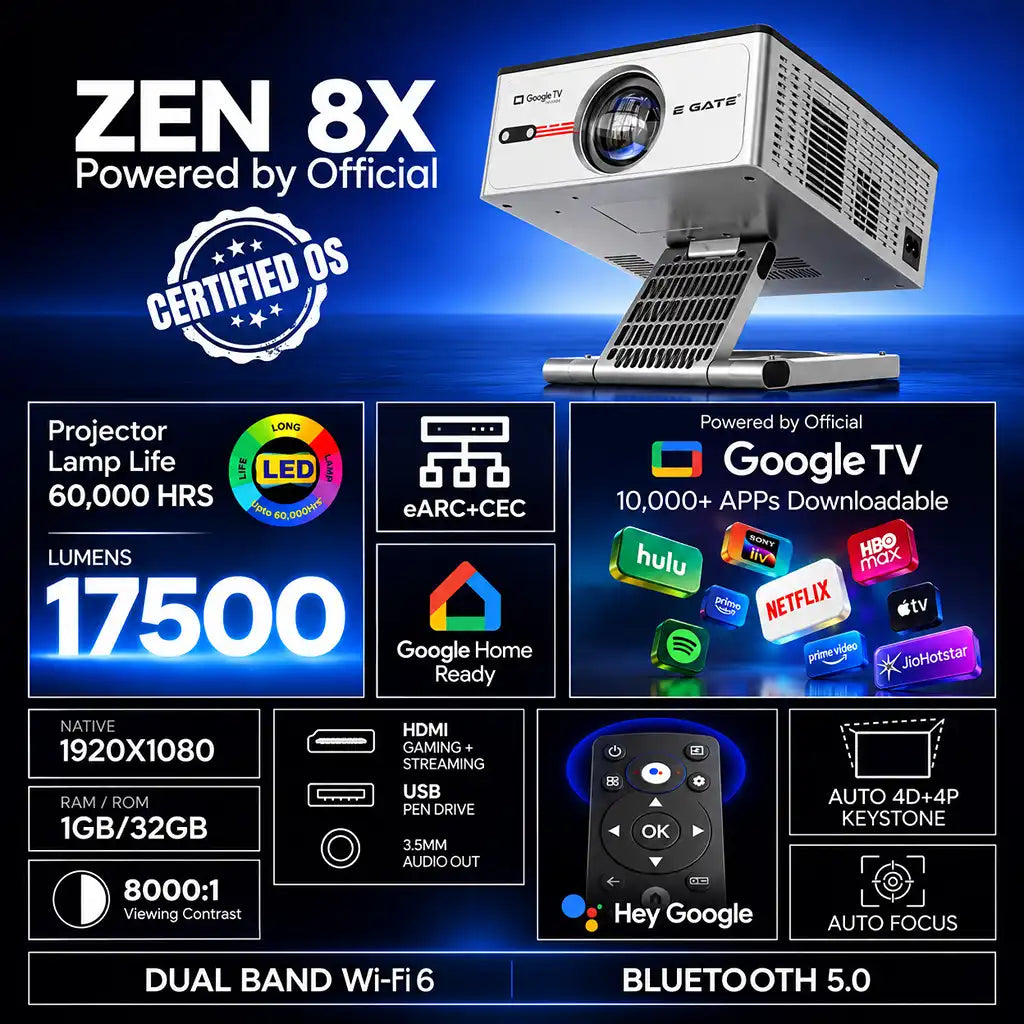 Egate Zen 8X Full HD Projector technical specifications 17500 lumens native 1080p WiFi 6 Bluetooth and Google TV remote -tpstech.in