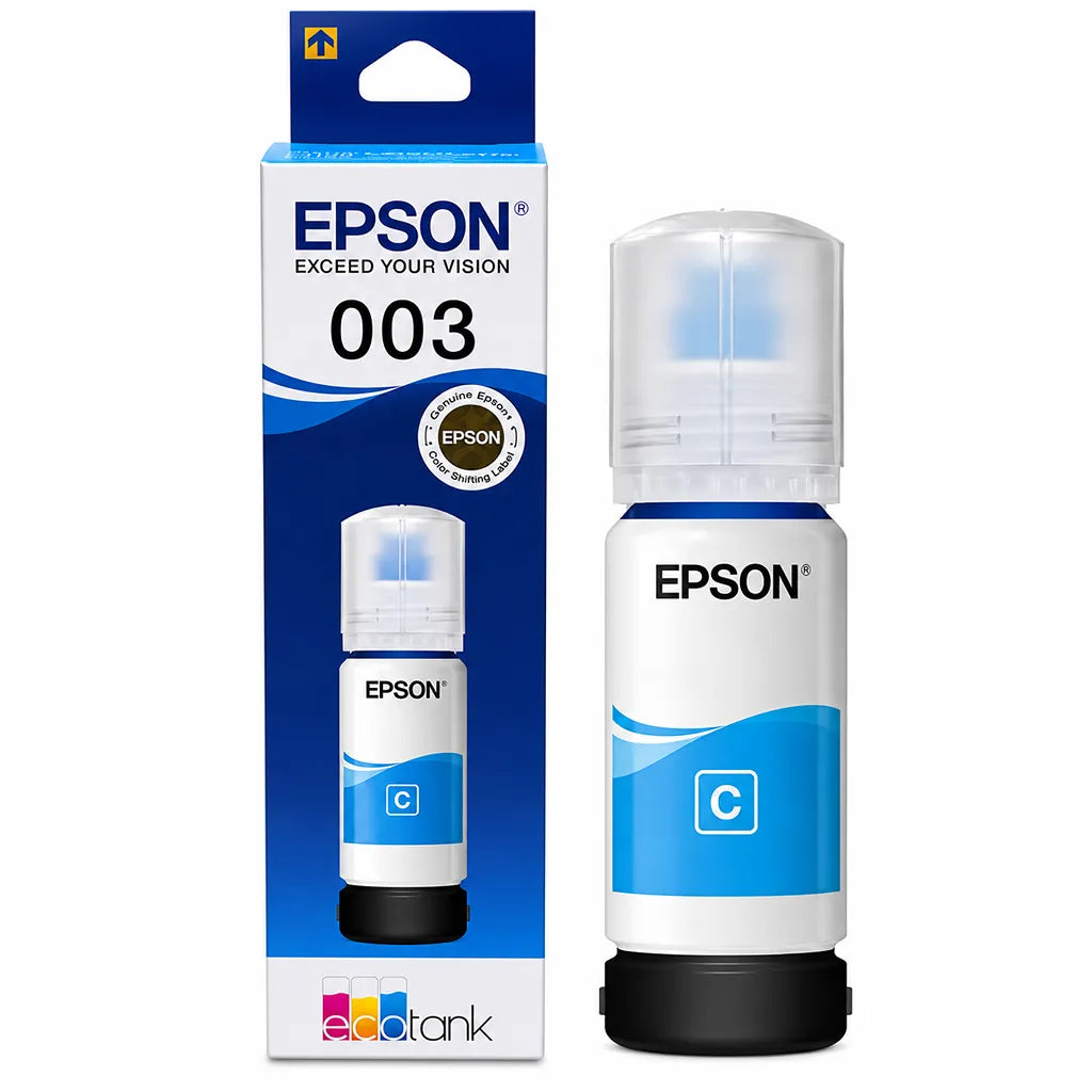 Epson 003 (C13T00V298) Cyan Ink Bottle 65ml Dye Based Ink for EcoTank Printers bottle and retail box front view -tpstech.in