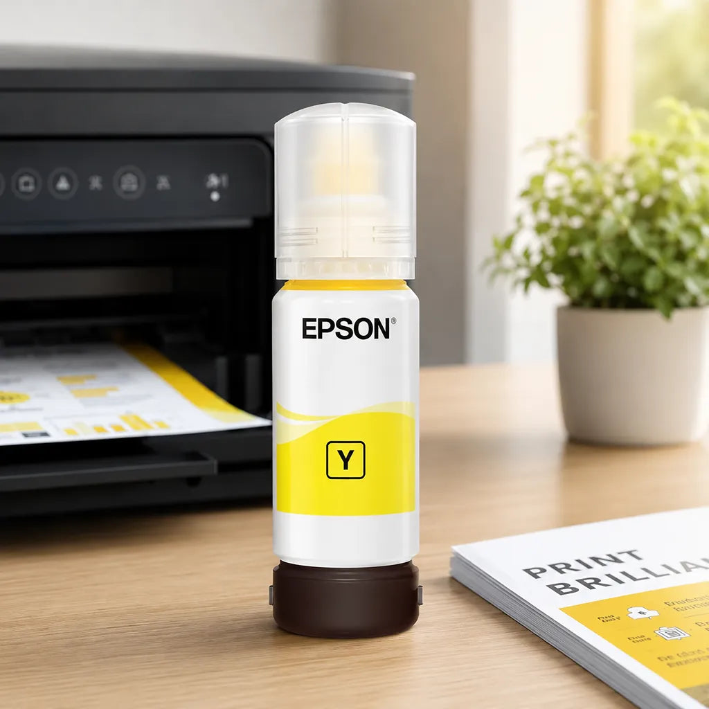 Epson 003 (C13T00V498) Yellow Ink Bottle 65ml Dye Based placed beside Epson printer in office workspace compatible with Epson L3250 L3260 L5290 L3210 L3150 L3110 L1110 L1250 -tpstech.in