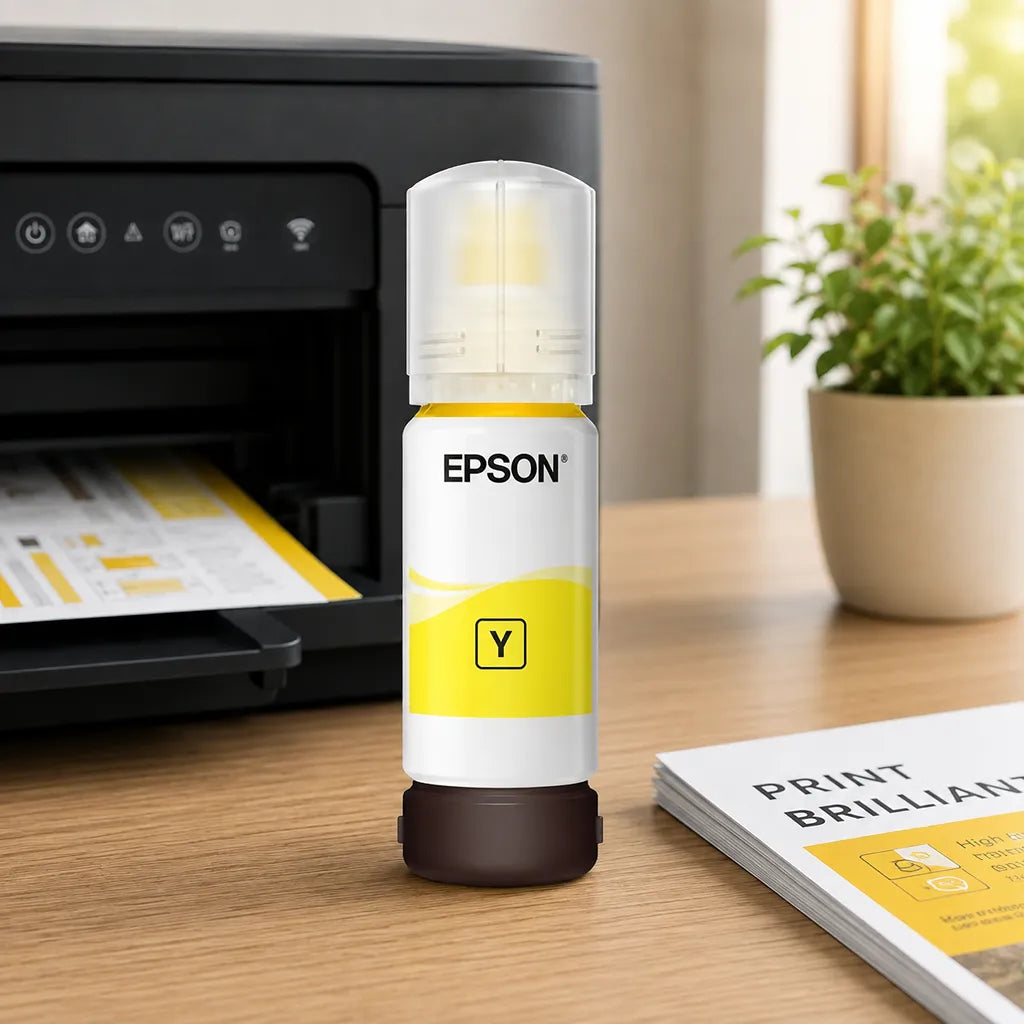 Epson 008 (C13T06G498) T06G Yellow Ink Bottle 70ml Pigment Ink placed beside an Epson EcoTank printer in a modern office workspace -tpstech.in