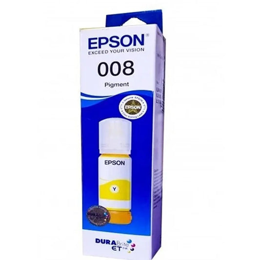 Angled view of Epson 008 (C13T06G498) T06G Yellow Ink Bottle 70ml Pigment Ink retail box for EcoTank printers -tpstech.in
