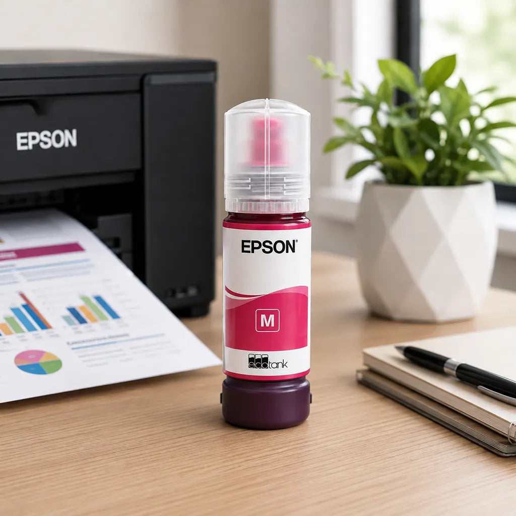 Epson 012 (C13T07K398) Magenta Ink Bottle placed on an office desk with Epson EcoTank printer for L8180 & L8160 printers -tpstech.in