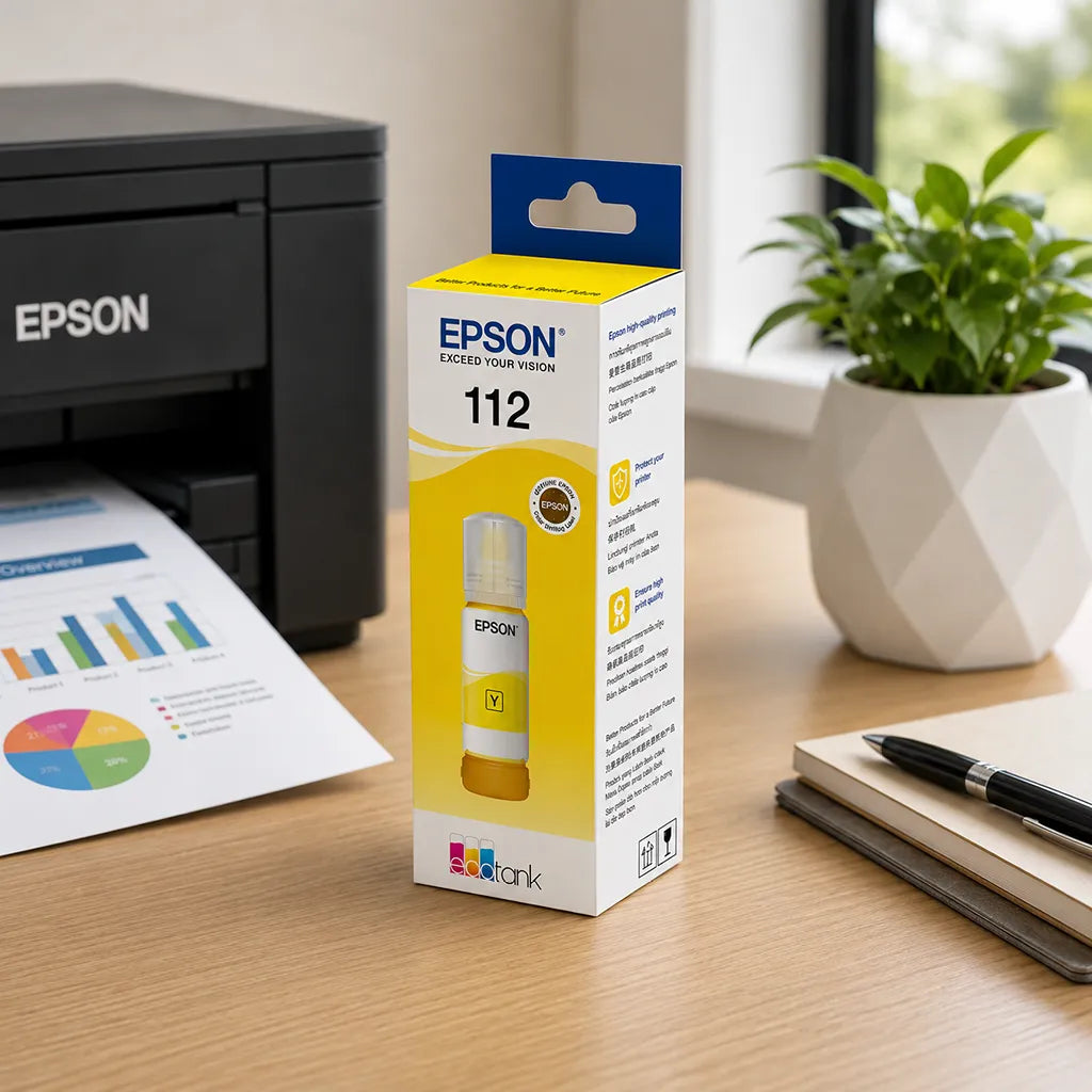 Epson 012 (C13T07K498) Yellow Ink Bottle 70ml placed beside Epson EcoTank printer in office workspace for L8160 L8180 printers -tpstech.in