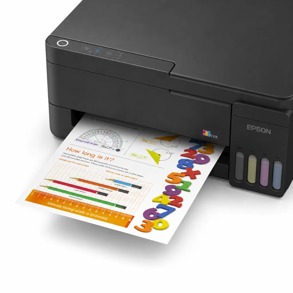 Close-up of Epson EcoTank L3351 ink tank printer printing a colourful document with visible control panel and ink tanks