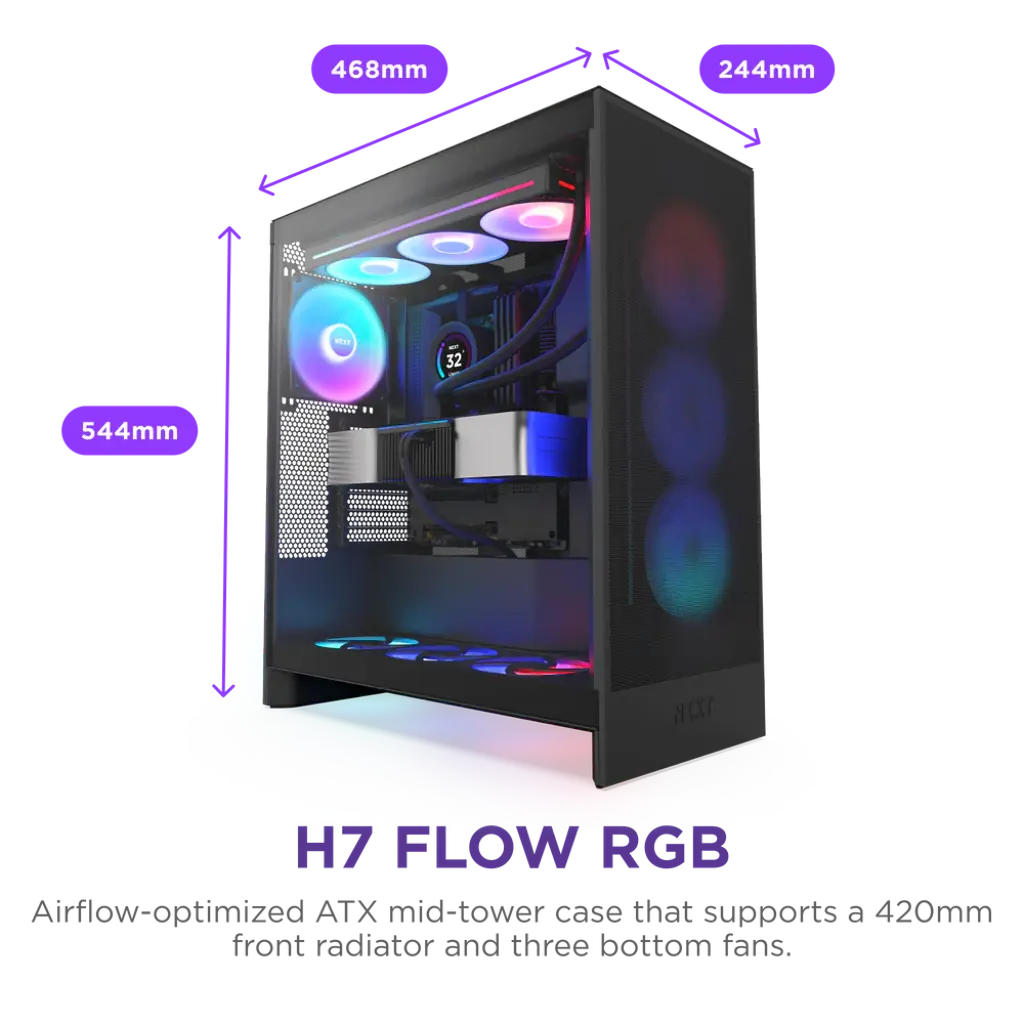 NZXT H7 Flow RGB Tempered Glass Compact Mid-Tower ATX Airflow Case
