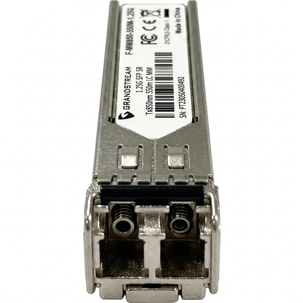 Front connector view of Grandstream F-MM850-550M-1.25G multi-mode SFP fiber transceiver with Duplex LC ports.