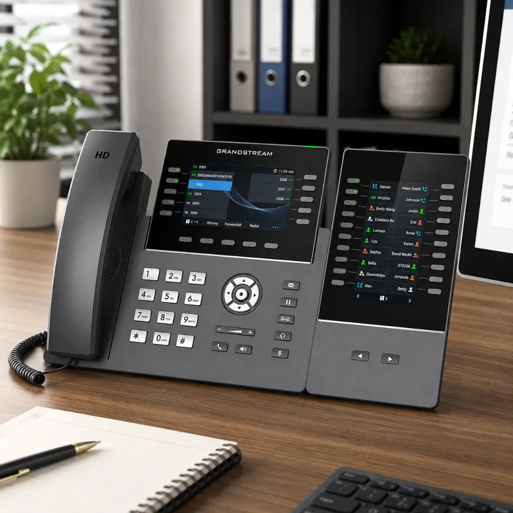 Grandstream GBX20 IP phone expansion module connected to a compatible Grandstream business IP phone on an office desk, featuring a 4.3-inch color display and programmable extension keys.