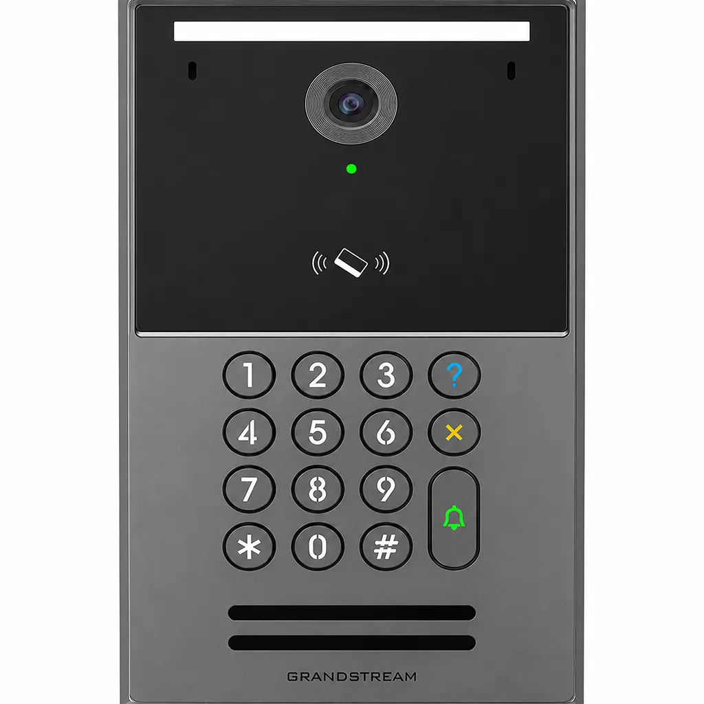 Close-up front view of Grandstream GDS3725 featuring 4MP camera, NFC reader, numeric keypad and SIP video intercom.