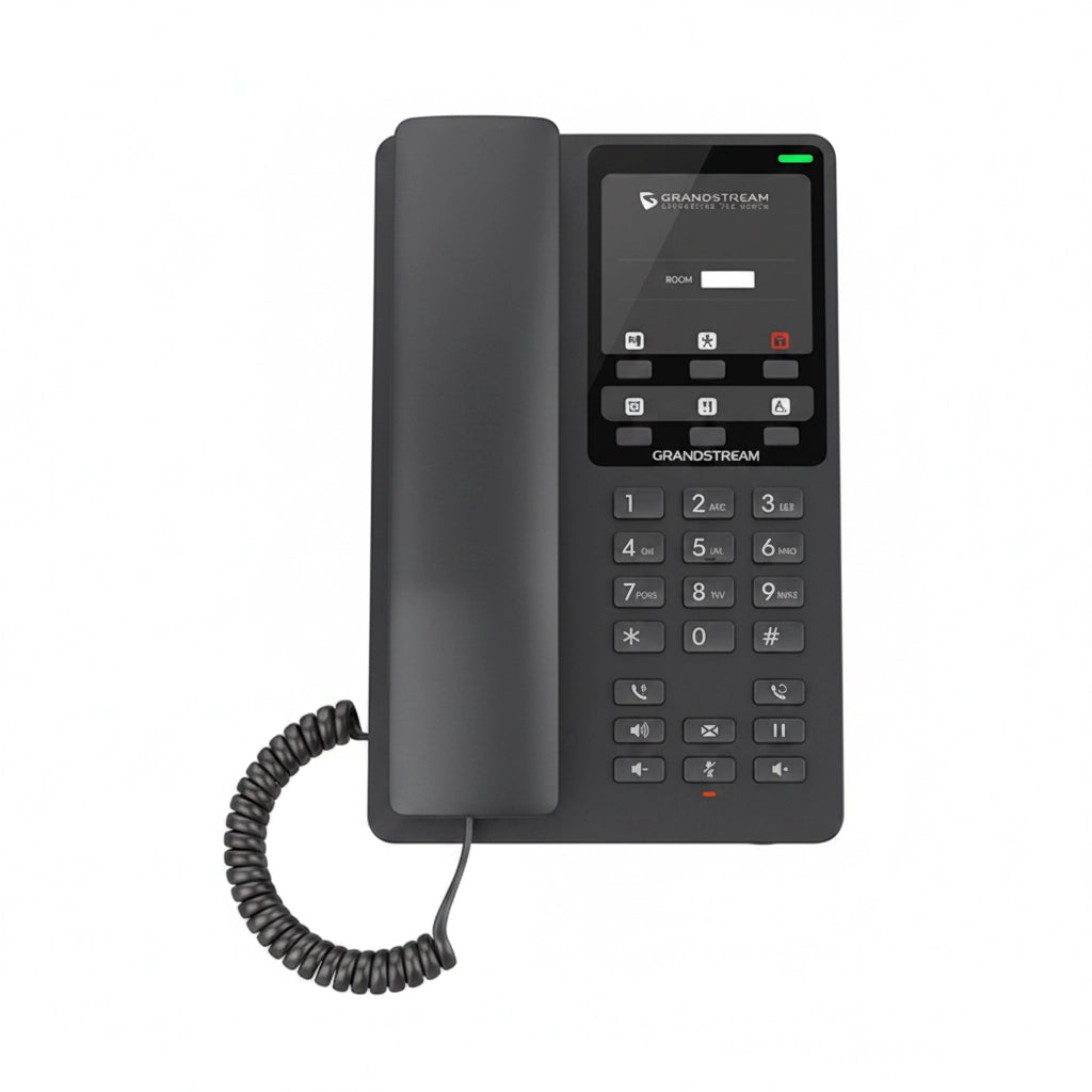 Grandstream GHP621 black hotel IP phone top view with handset, keypad, and programmable function keys