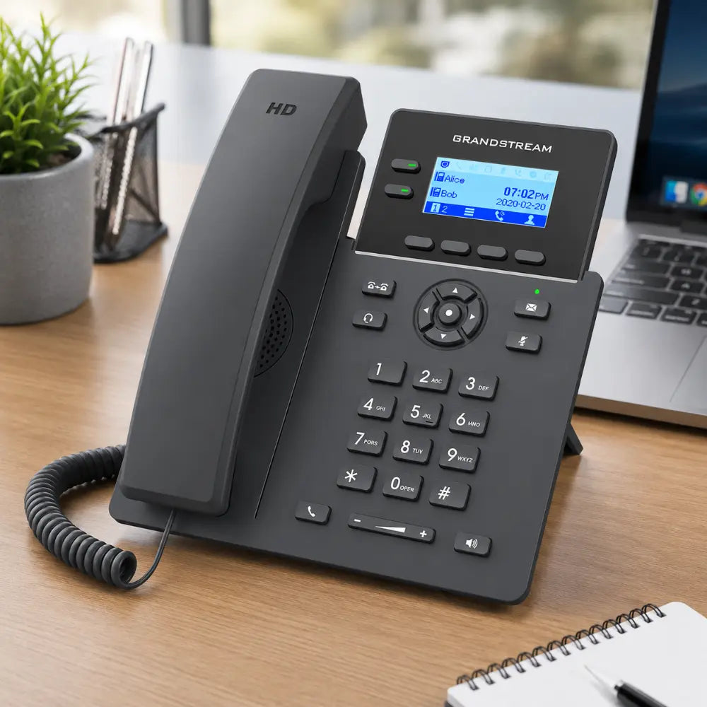 Grandstream GRP2602G PoE IP phone with HD audio and LCD display placed on an office desk for professional business communication.