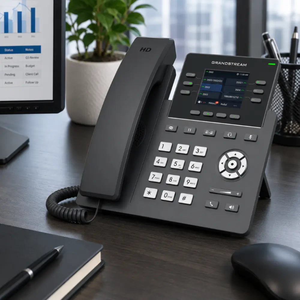 Grandstream GRP2613W professional IP phone on office desk setup, ideal for business VoIP communication, call handling, and enterprise deployment.