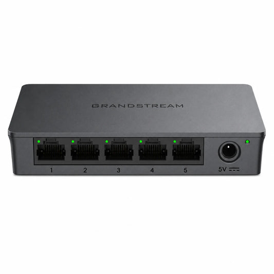 Grandstream GWN7700 unmanaged 5-Port Gigabit Ethernet switch front view with LED indicators and RJ45 ports.