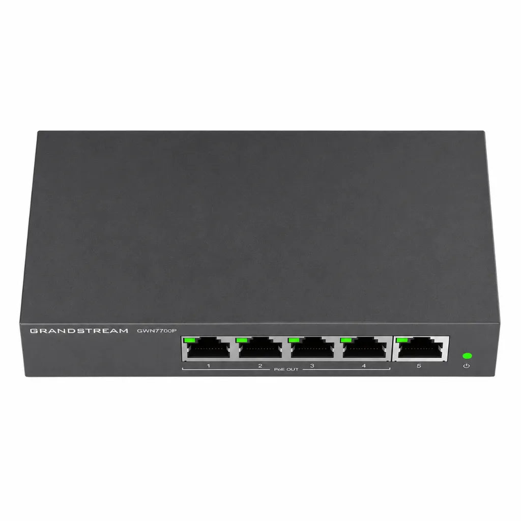 Top front view of the Grandstream GWN7700P 5-Port Gigabit PoE+ Network Switch with compact desktop design.