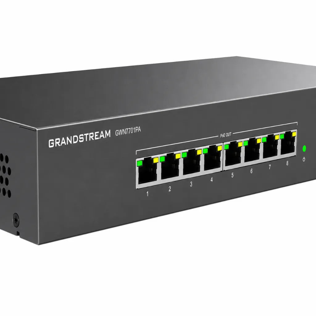 Close-up of Grandstream GWN7701PA 8-Port Gigabit PoE+ switch showing RJ45 Ethernet ports and PoE status indicators.