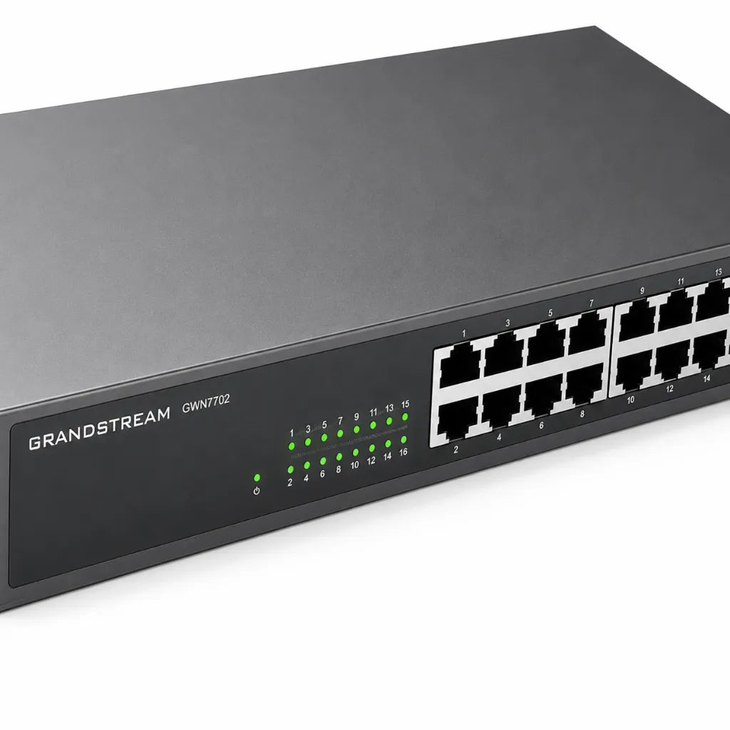 Close-up of the Grandstream GWN7702 showing 16 Gigabit RJ45 Ethernet ports and LED status indicators for network connectivity.