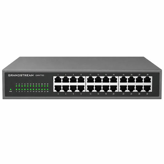 Front angle of the Grandstream GWN7703 24-Port Gigabit unmanaged Ethernet switch for business networking.