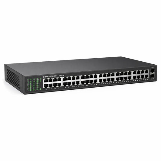 Left angled view of Grandstream GWN7706 48-Port Gigabit unmanaged Ethernet switch with dual SFP uplinks