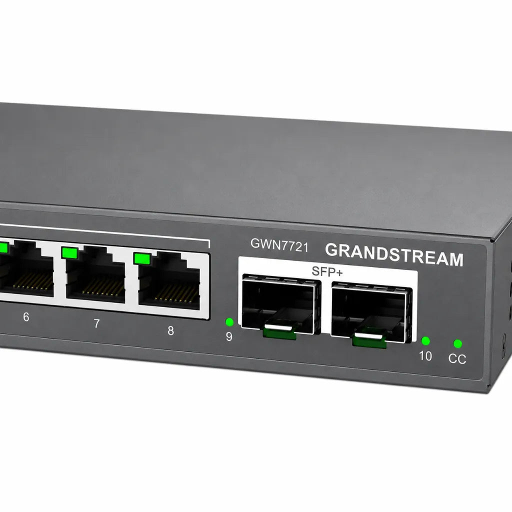 Close-up of Grandstream GWN7721 dual 10G SFP+ uplink ports on a Layer 2 Lite managed network switch.