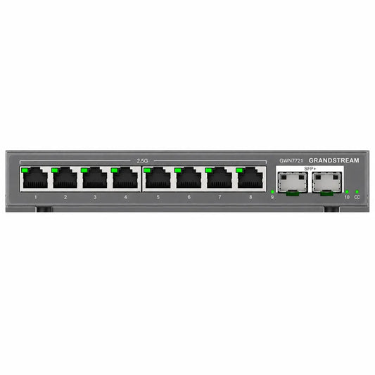 Front panel of Grandstream GWN7721 Layer 2 Lite managed switch with 8×2.5G RJ45 ports and dual 10G SFP+ uplinks.