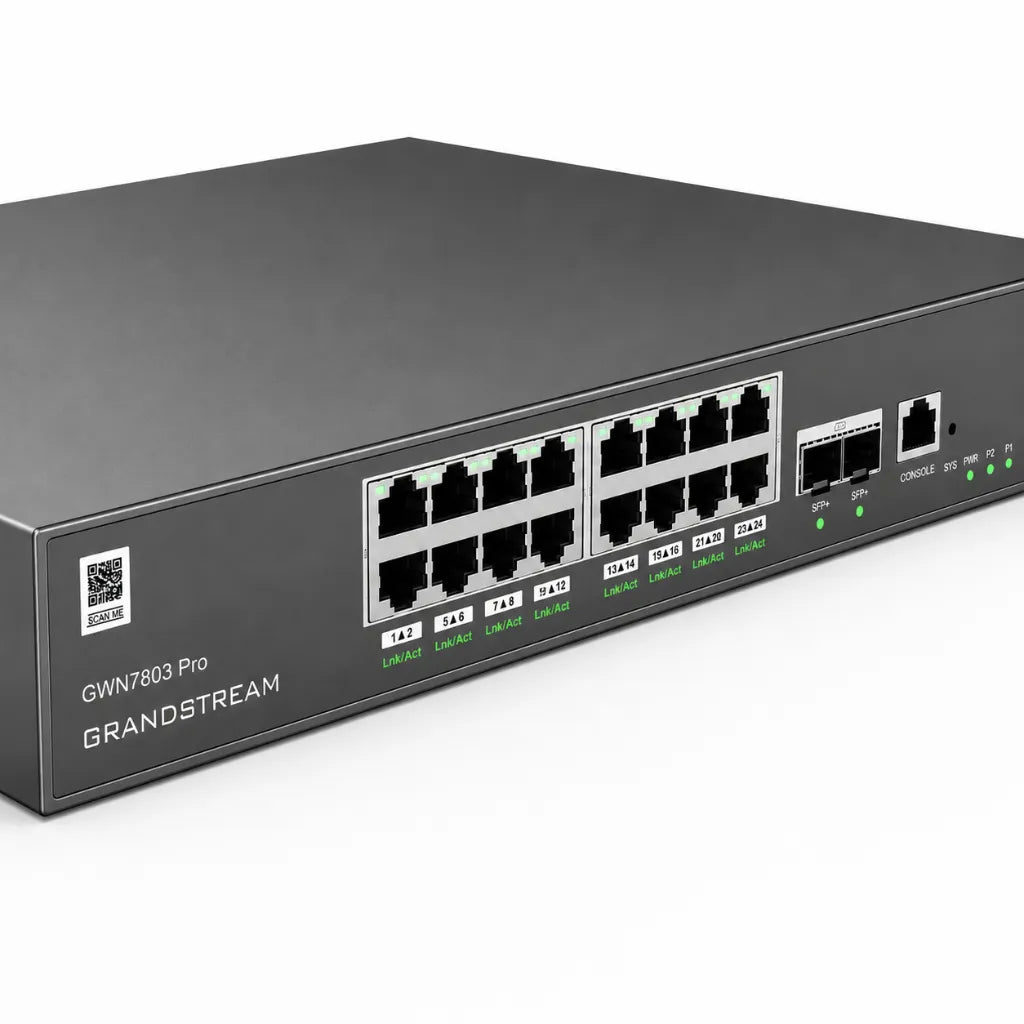 Left angled close-up of Grandstream GWN7803 Pro enterprise managed Gigabit switch with 24 Ethernet ports and 10G SFP+ uplinks.