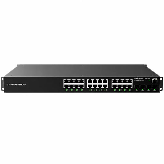 Front view of Grandstream GWN7803P managed Gigabit PoE switch featuring 24 PoE+ Ethernet ports and 4 Gigabit SFP uplinks.