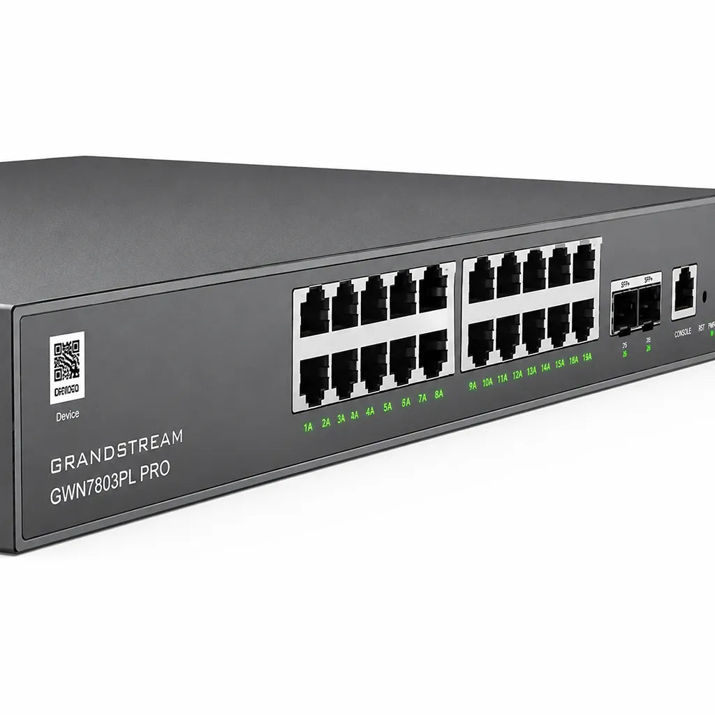 Close-up of the Grandstream GWN7803PL Pro front panel showing 24 Gigabit PoE+ Ethernet ports, dual 10Gb SFP+ uplinks and console port.