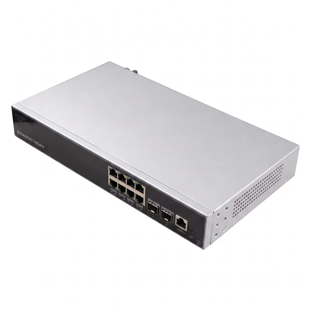 Rear left angled perspective of the Grandstream GWN7811P Layer 3 managed PoE+ switch highlighting the chassis, ventilation, and front connectivity ports.