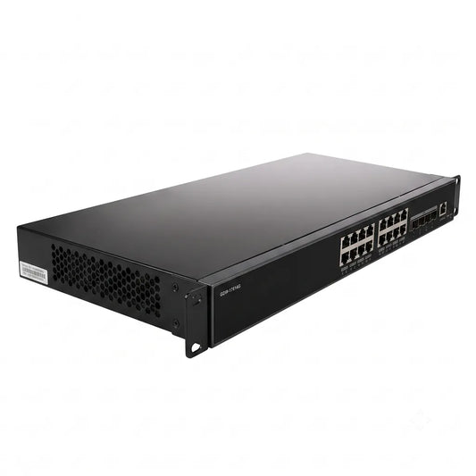 Grandstream GWN7812P Layer 3 managed PoE+ rackmount switch viewed from the front left angle with ventilation and network ports visible.