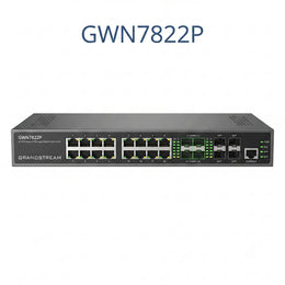 Grandstream GWN7822P 24-port Layer 3 managed PoE network switch front view with Gigabit Ethernet ports and 10G SFP+ uplinks.