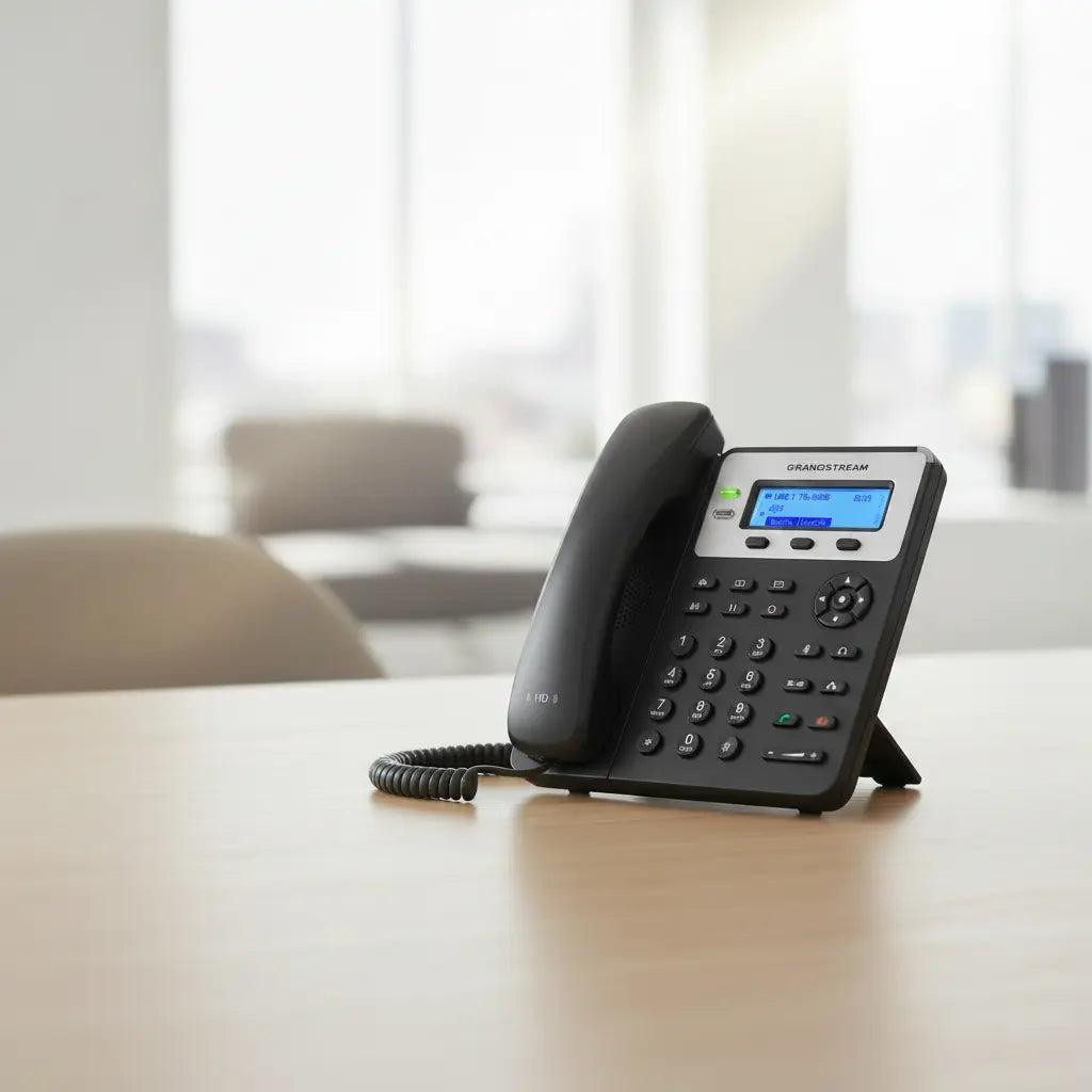 Grandstream GXP1625 business VoIP phone placed on an office desk, ideal for professional communication and SIP PBX systems.