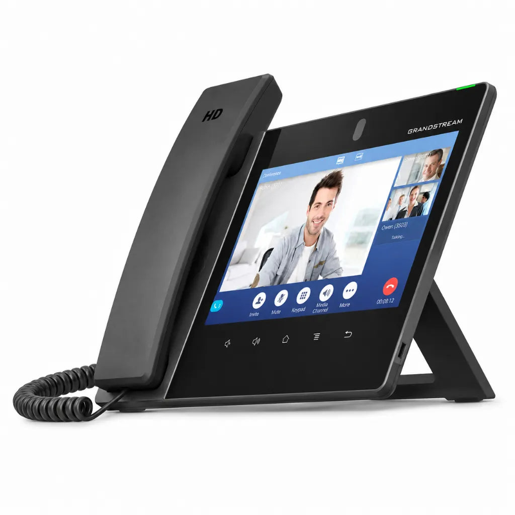 Grandstream GXV3480 IP video phone right angle view showing HD video calling screen, 8-inch touchscreen display, handset, and desktop stand for business communication.