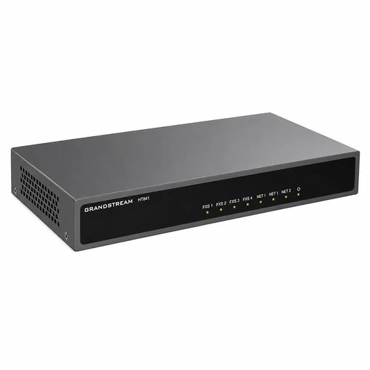 Left angled view of the Grandstream HT841 4-Port Analog FXO VoIP Gateway with front status LEDs for business IP PBX deployments - tpstech.in