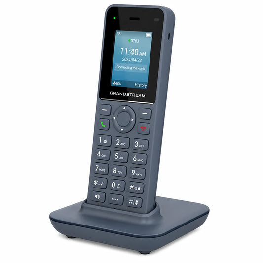 Grandstream WP816 Cordless Wi-Fi 6 IP Phone angled view on charging dock highlighting compact wireless business design -tpstech.in