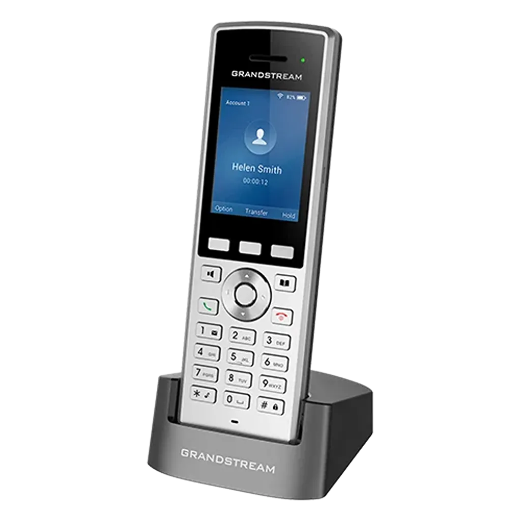 Grandstream WP822 Cordless WiFi IP Phone placed on charging cradle with HD voice, Bluetooth and dual-band WiFi support -tpstech.in