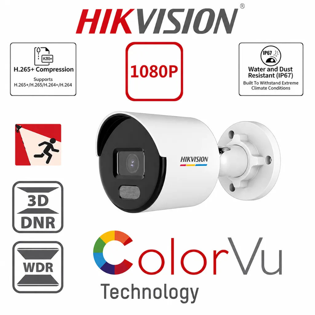 Hikvision DS-2CD1027G2-L ColorVu IP Bullet Camera feature image highlighting 1080P resolution, H.265+ compression, IP67 protection, WDR and 3D DNR technologies.