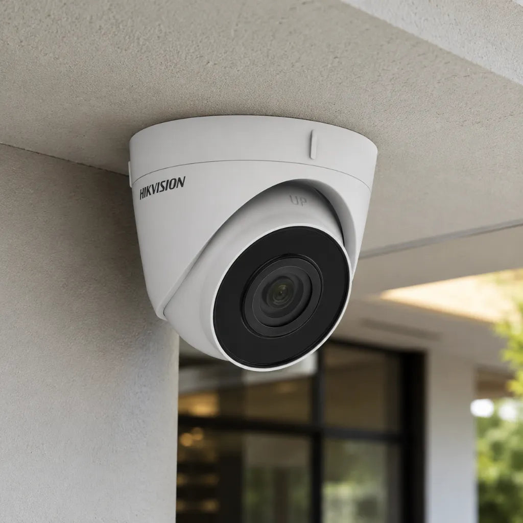 Hikvision DS-2CD1323G0E-I 2MP IP turret camera installed on a building ceiling for outdoor security surveillance.