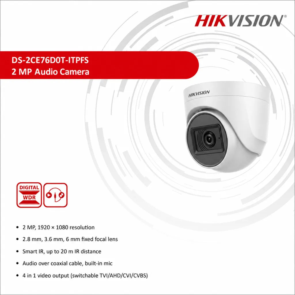HIKVISION DS-2CE76D0T-ITPFS 2MP Audio Turret Camera feature banner showing Full HD resolution, Smart IR, built-in microphone and 4-in-1 video output