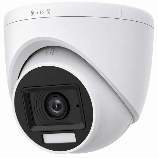 Left angle view of Hikvision DS-2CE76D0T-LPFS 2MP Dual Light Audio Fixed Turret CCTV Camera for indoor and outdoor surveillance.