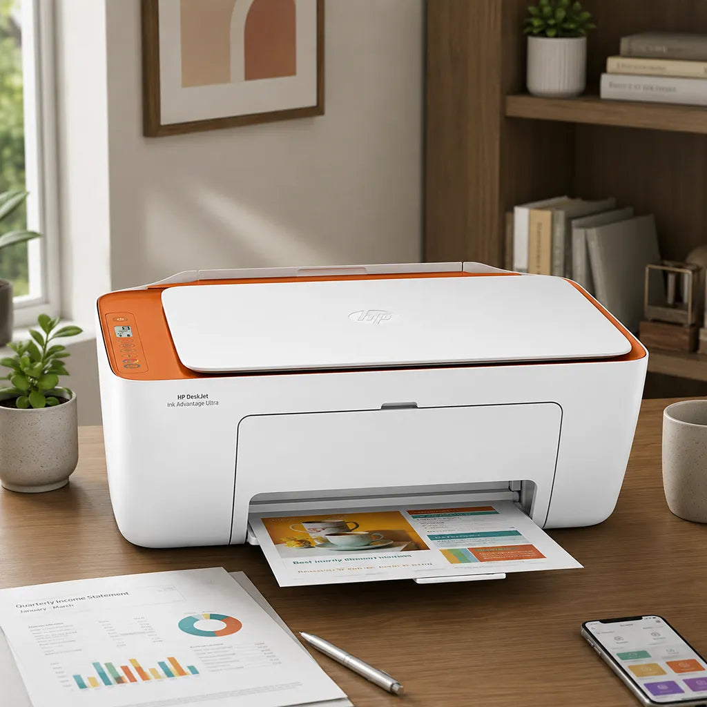 HP DeskJet Ink Advantage Ultra 5185 wireless all-in-one printer printing documents in a home workspace -tpstech.in