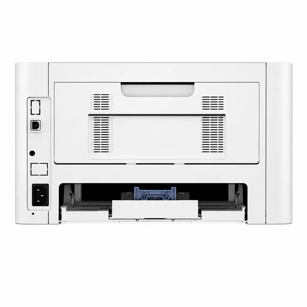HP Laser 335dn printer rear view showing paper tray, power connection and connectivity ports -tpstech.in