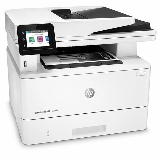 HP LaserJet Pro M329dw wireless monochrome laser printer left angle view featuring color touchscreen and print scan copy functions -tpstech.in