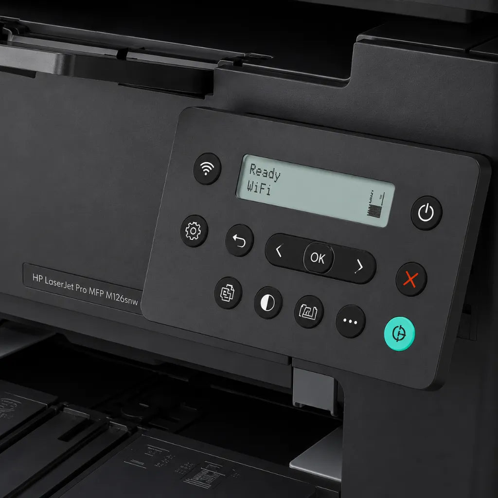 LCD display and control buttons of HP LaserJet Pro MFP M126SNW Plus 53X76A wireless laser printer.
