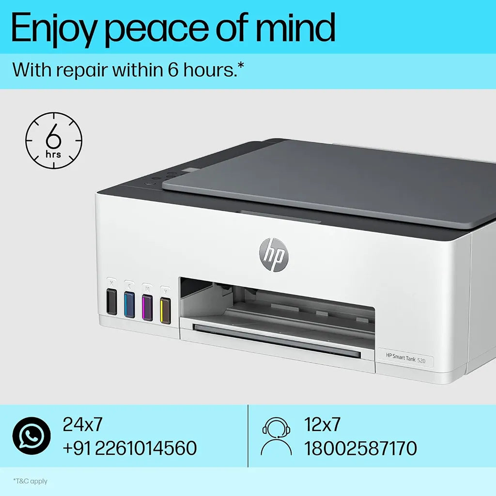 HP Smart Tank 520 printer with repair within 6 hours service feature and HP support information -tpstech.in