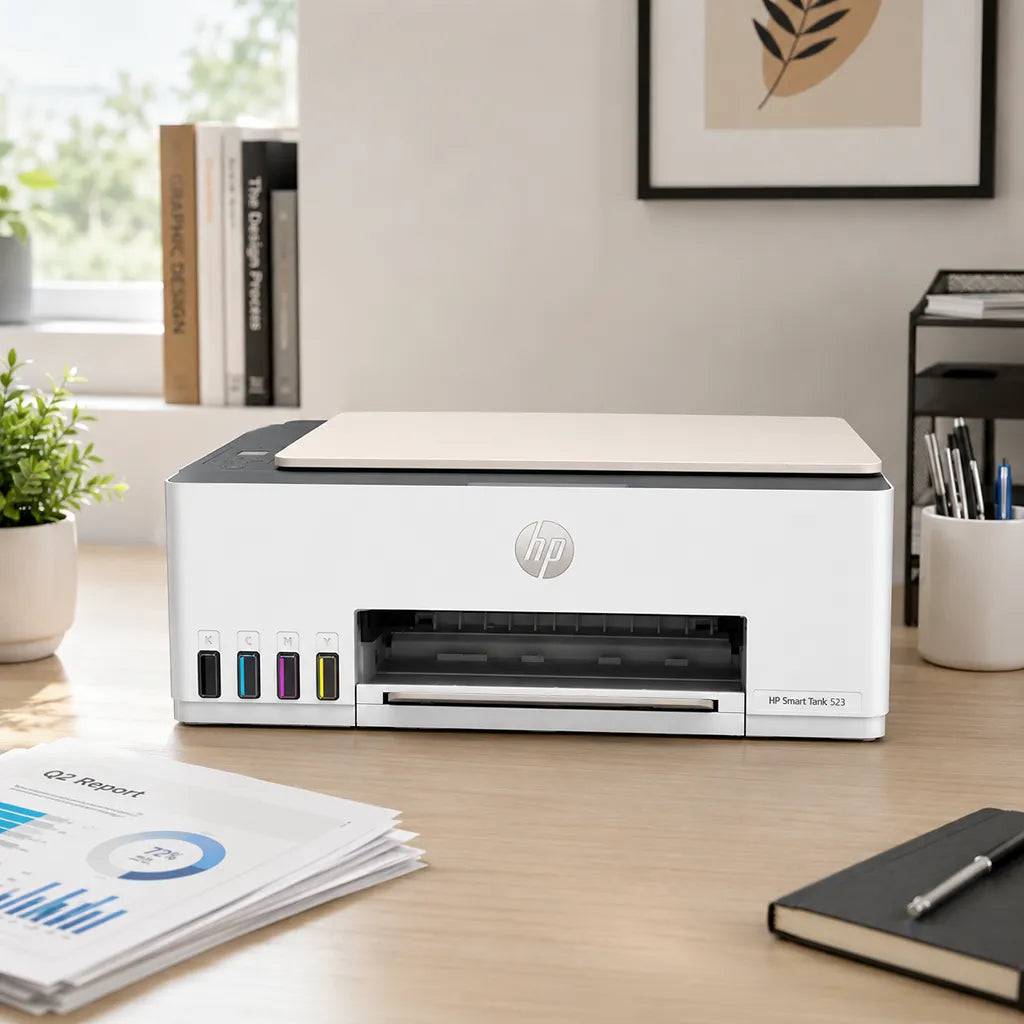 HP Smart Tank 523 all-in-one ink tank printer shown in a home office setup for everyday document printing -tpstech.in