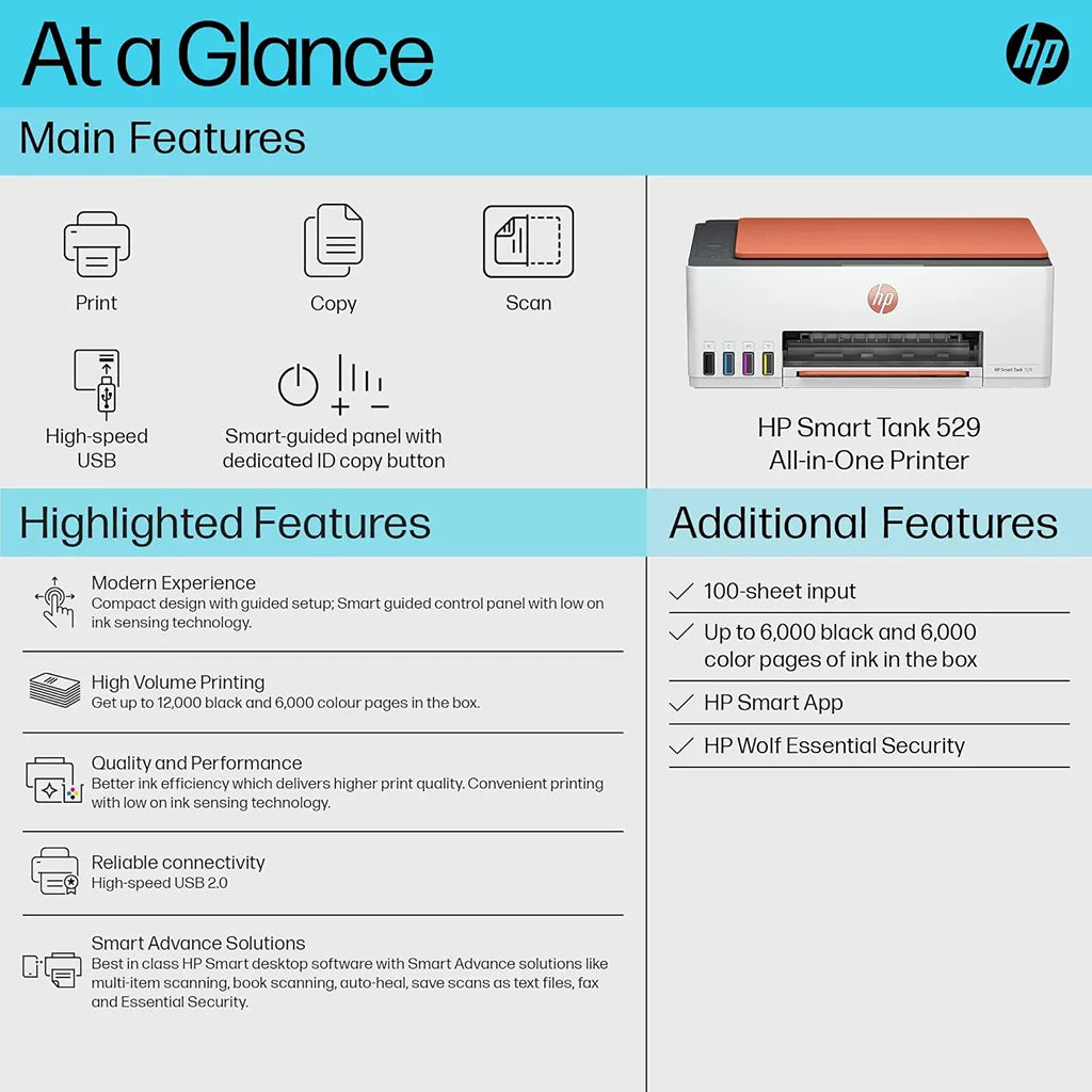 HP Smart Tank 529 all-in-one printer with print, copy, scan, high-speed USB and smart guided control panel -tpstech.in