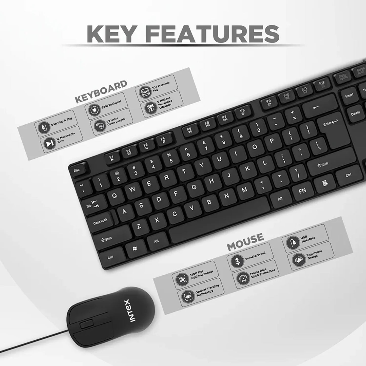 Intex SMILE IT-KBM888 wired keyboard and mouse combo key features including 104 keys 1200 DPI optical sensor and smooth scroll-tpstech.in