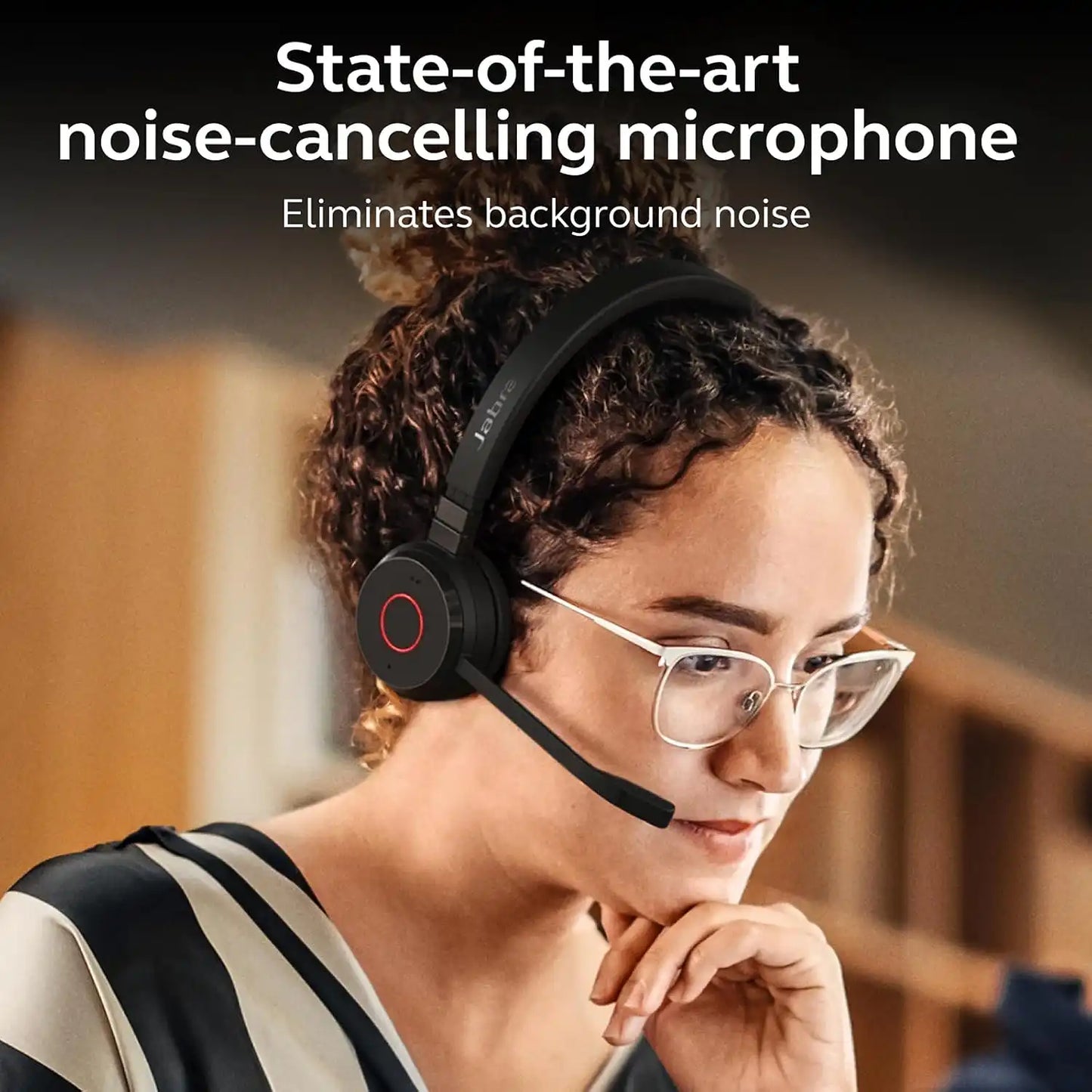 Woman wearing Jabra Evolve 65 TE MS Duo Wireless Bluetooth Headset with state-of-the-art noise-cancelling microphone -tpstech.in