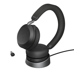 Jabra Evolve2 75 UC Stereo Wireless Headset resting on its charging stand with USB C Bluetooth adapter -tpstech.in